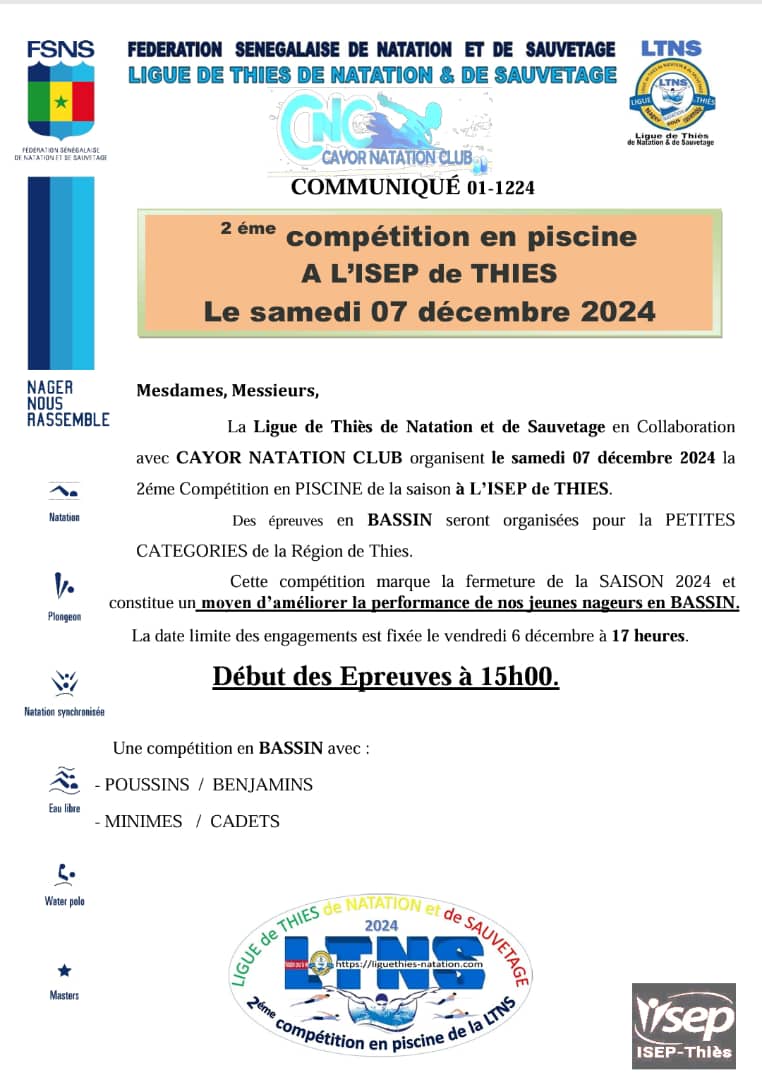 2ème Compétition en Piscine de la Ligue de Thiès prévue le samedi 07 décembre 2024